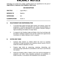 Legal Officer I, Supreme Court Registry, Saint Lucia.